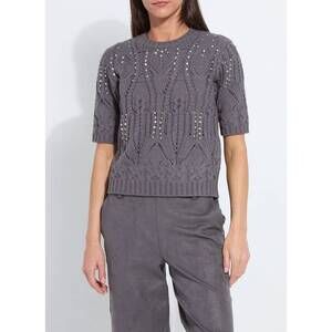 NEW LYSSE hadley cozy short sleeve embellished cable sweater in grey melange